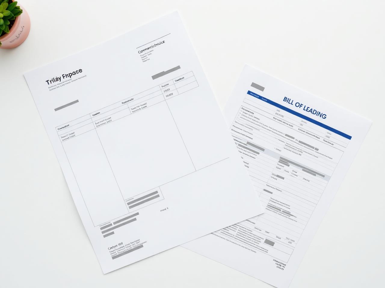 Example export documents including commercial invoice, packing list, and bill of lading with sensitive fields redacted
