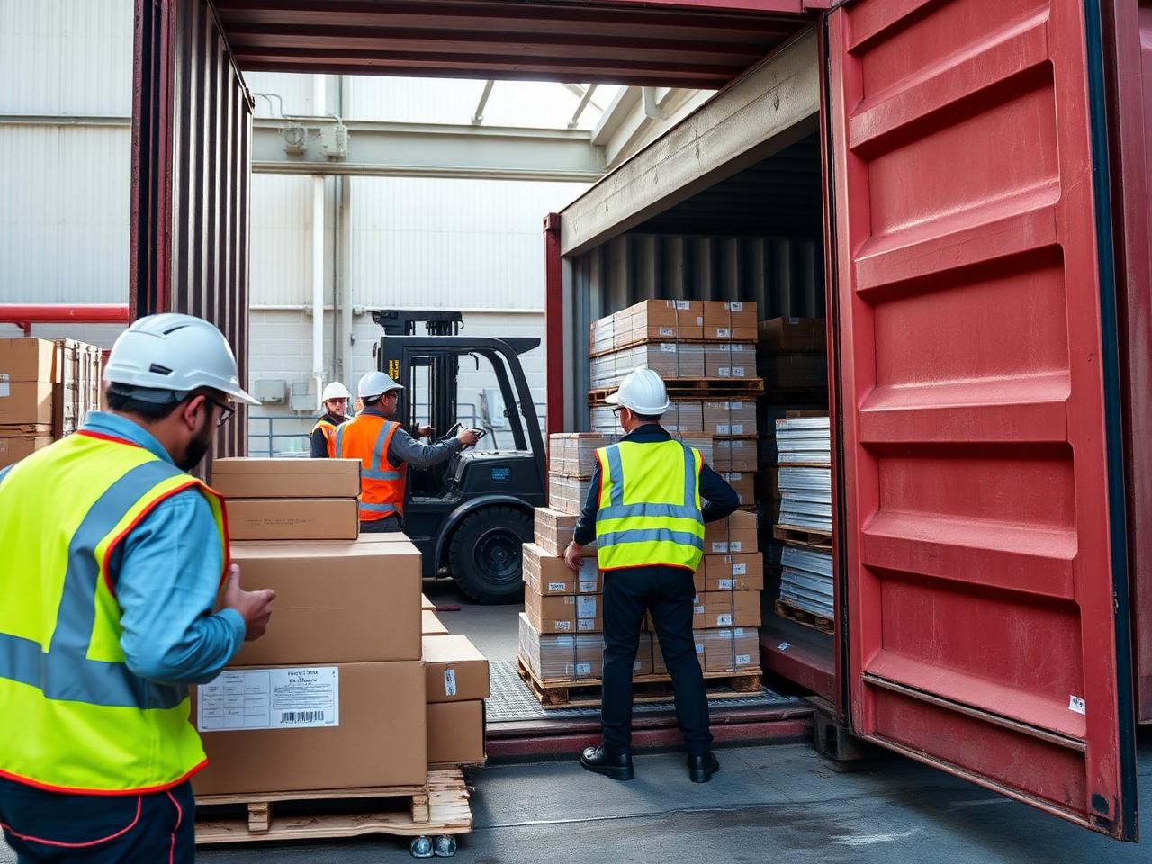 JEES Global team supervising container loading with workers in safety vests stacking boxed construction materials