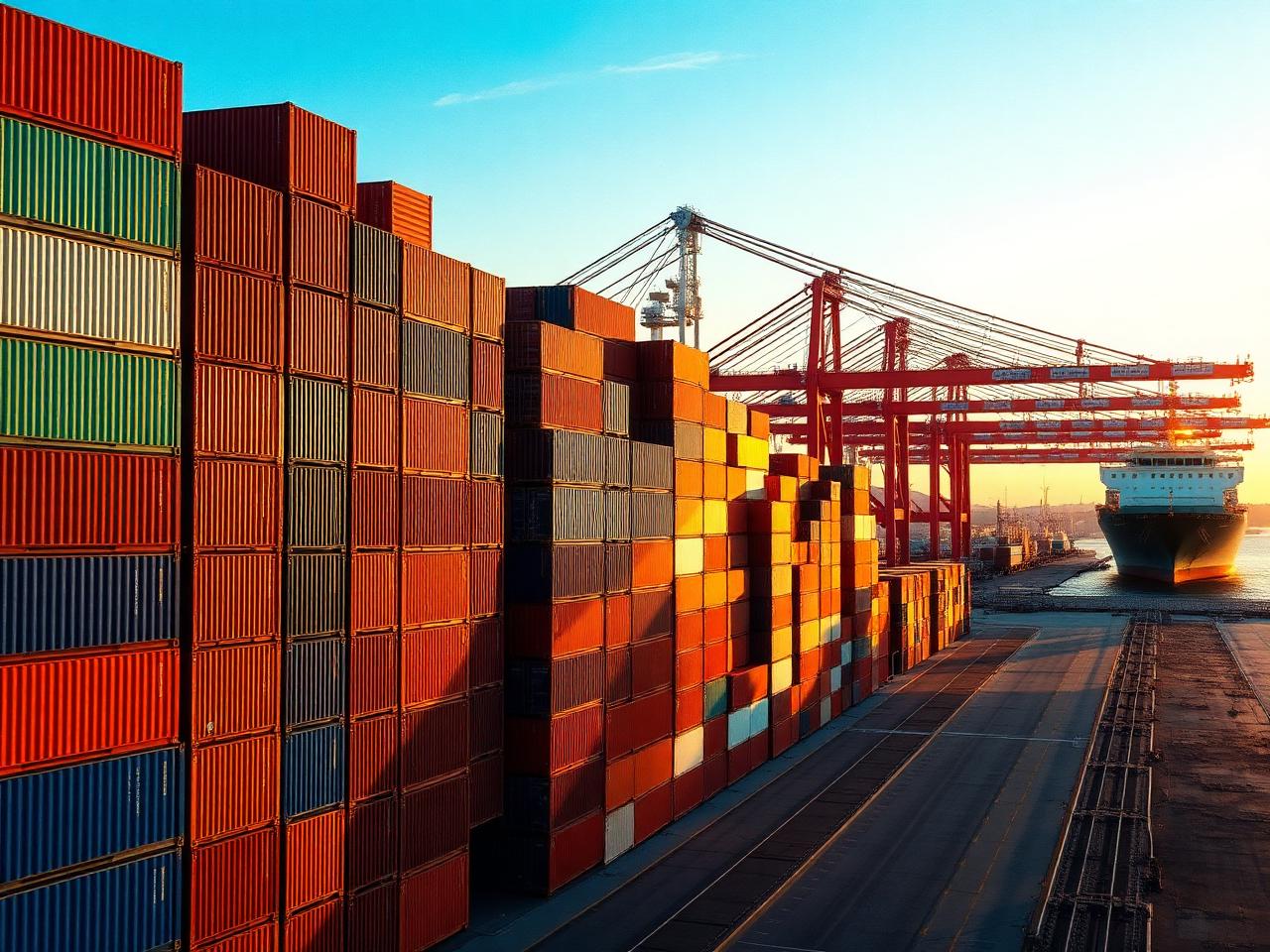 Container port at golden hour with stacked shipping containers, gantry cranes, and a cargo ship